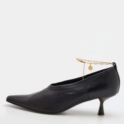 Stella McCartney Black Faux Leather Mid Heel Chain Ankle Strap Pumps Size 36.5 For Women