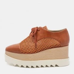 Stella McCartney Tan Woven Faux Leather Elyse Lace-Up Platform Derby Sneakers Size 37.5 For Women