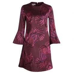 Stella McCartney Burgundy Floral Jacquard Wool Long Sleeve Dress S For Women