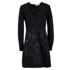 Stella McCartney Black Floral Embossed Jacquard V-Neck Long Sleeve Dress S For Women