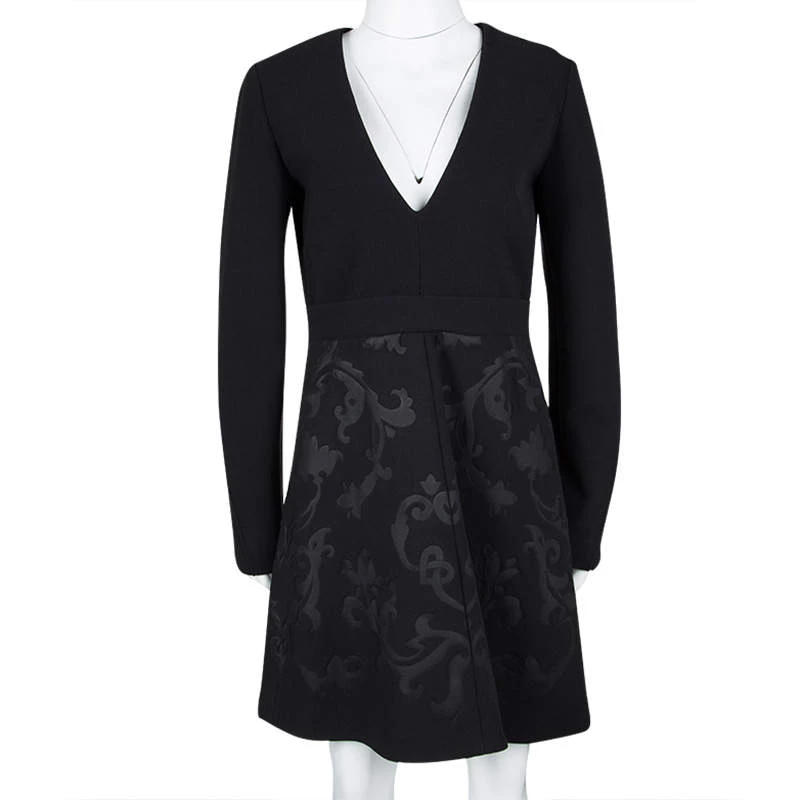 Stella McCartney Black Floral Embossed Jacquard V-Neck Long Sleeve Dress S For Women 4 Stella McCartney Black Floral Embossed Jacquard V-Neck Long Sleeve Dress S For Women - Image 2