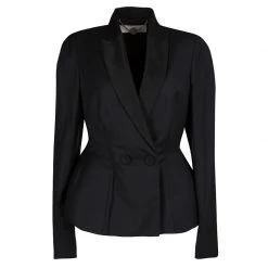 Stella McCartney Black Wool Textured Lapel Collarless Blazer M For Women
