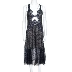 Stella McCartney Navy Blue Floral Lace Semi Sheer Sleeveless Midi Dress S For Women