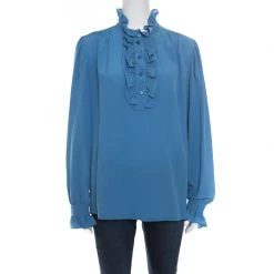 Stella McCartney Blue Silk Ruffle Trim Long Sleeve Meredith Blouse M For Women