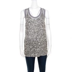 Stella McCartney Grey Silk Cotton Sequin Embellished Tank Top S For Women