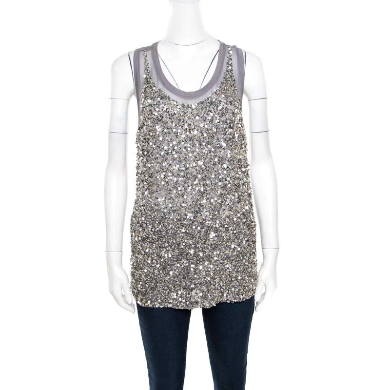 Stella McCartney Grey Silk Cotton Sequin Embellished Tank Top S For Women 3 Stella McCartney Grey Silk Cotton Sequin Embellished Tank Top S For Women