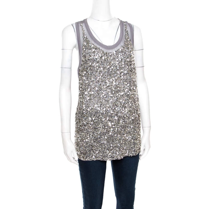 Stella McCartney Grey Silk Cotton Sequin Embellished Tank Top S For Women 4 Stella McCartney Grey Silk Cotton Sequin Embellished Tank Top S For Women - Image 2