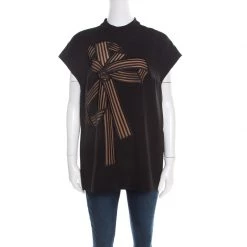 Stella McCartney Black Bow Embroidered Cap Sleeve Boxy Blouse M For Women