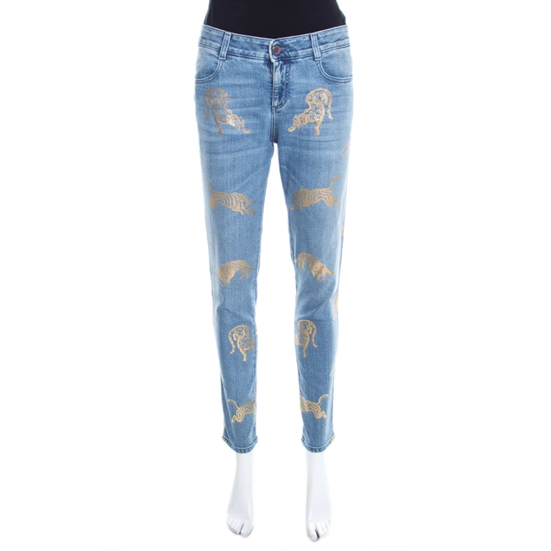 Stella McCartney Indigo Wild Cat Foil Printed Denim Skinny Ankle Jeans M For Women 3 Stella McCartney Indigo Wild Cat Foil Printed Denim Skinny Ankle Jeans M For Women