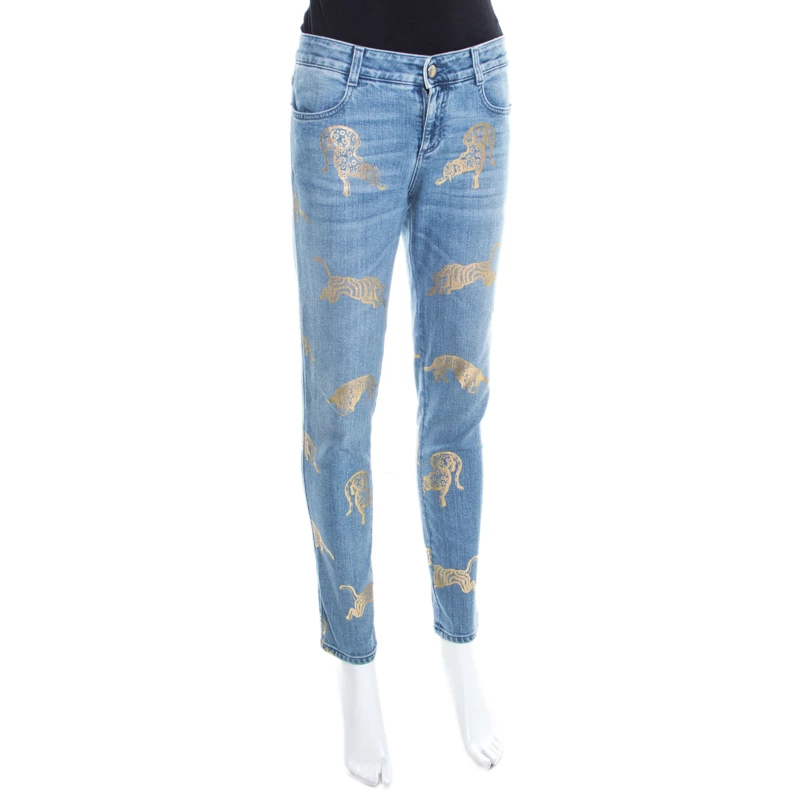 Stella McCartney Indigo Wild Cat Foil Printed Denim Skinny Ankle Jeans M For Women 4 Stella McCartney Indigo Wild Cat Foil Printed Denim Skinny Ankle Jeans M For Women - Image 2