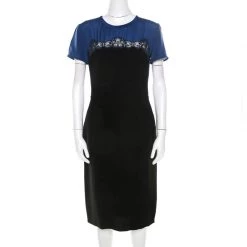 Stella McCartney Black And Blue Stretch Crepe Lace Detail Shift Dress M For Women
