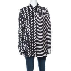 Stella McCartney Black & White Chevron & Stripes Printed Silk Moire Shirt M For Women