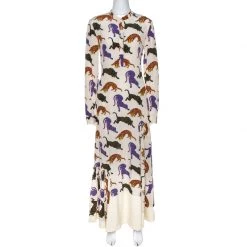 Stella McCartney Cream Wild Cat Print Silk Maxi Dress M For Women