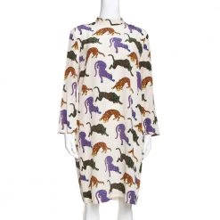 Stella McCartney Cream Wild Cat Print Silk Short Dress M For Women
