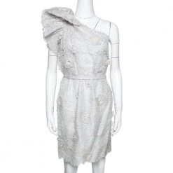 Stella McCartney Pale Grey Floral 3D Lace Rosea One Shoulder Dress M For Women