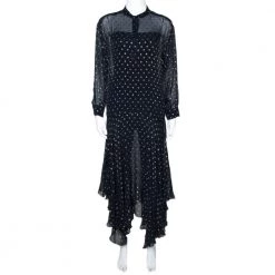 Stella McCartney Navy Blue Lurex Patterned Chiffon Sheer Dress M For Women