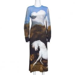 Stella McCartney Blue Stubbs Horse Print Side Slit Detail Midi Dress S For Women