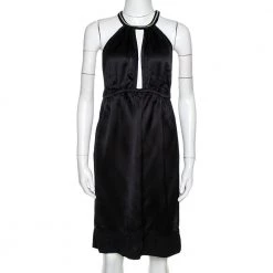 Stella McCartney Black Satin Embellished Halter Neck Dress S For Women