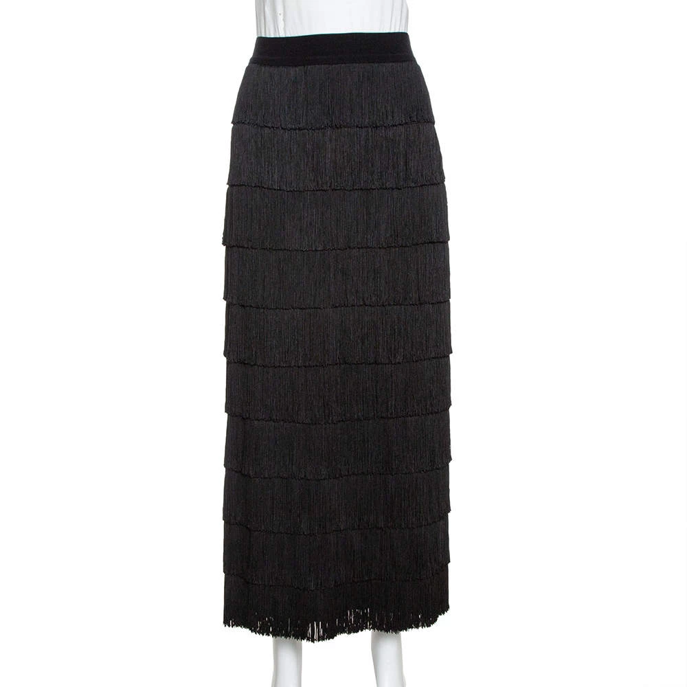 Stella McCartney Black Silk Annika Tiered Fringed Skirt M For Women 3 Stella McCartney Black Silk Annika Tiered Fringed Skirt M For Women