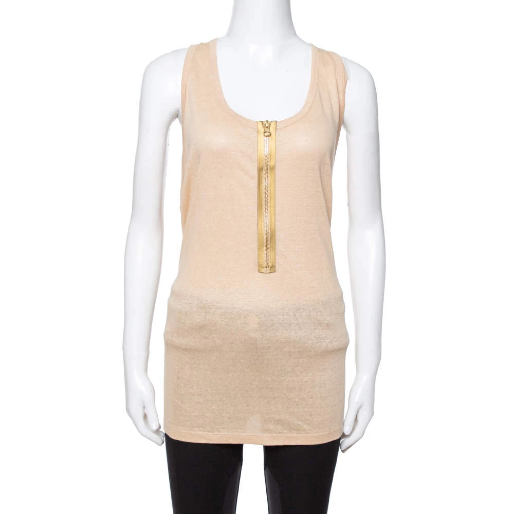 Stella McCartney Beige Linen & Cotton Zip Front Tank Top L For Women 3 Stella McCartney Beige Linen & Cotton Zip Front Tank Top L For Women