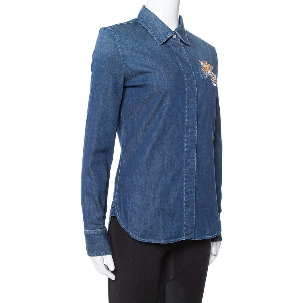 Stella McCartney Blue Denim Tiger Embroidered Shirt S For Women 4 Stella McCartney Blue Denim Tiger Embroidered Shirt S For Women - Image 2