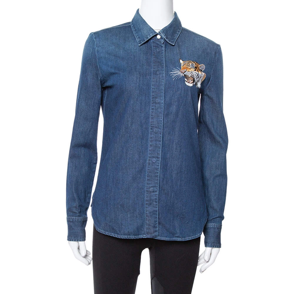 Stella McCartney Blue Denim Tiger Embroidered Shirt S For Women 3 Stella McCartney Blue Denim Tiger Embroidered Shirt S For Women