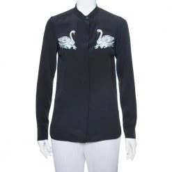 Stella McCartney Black Swan Embroidered Silk Shirt S For Women