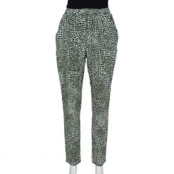 Stella McCartney Green & White Printed Silk Elastic Waist Trousers S For Women