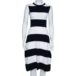Stella McCartney Navy Blue & White Striped Knit Structured Midi Dress M For Women