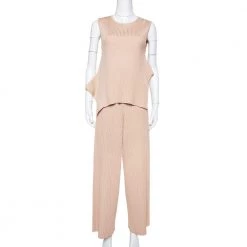 Stella McCartney Beige Rib Knit Sleeveless Flared Top & Flared Pants Set S For Women