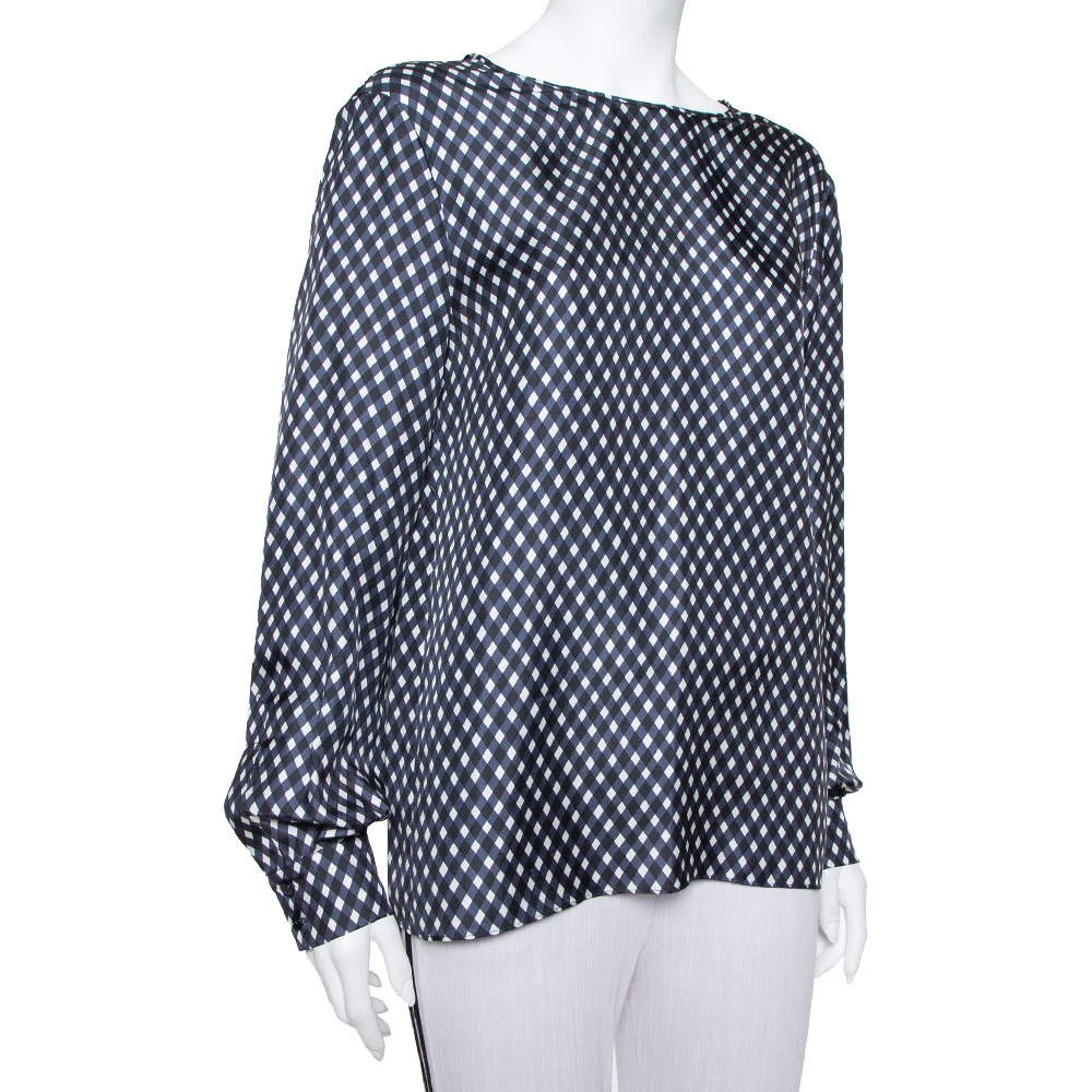 Stella McCartney Navy Blue Check Patterned Silk Oversized Top S For Women 4 Stella McCartney Navy Blue Check Patterned Silk Oversized Top S For Women - Image 2