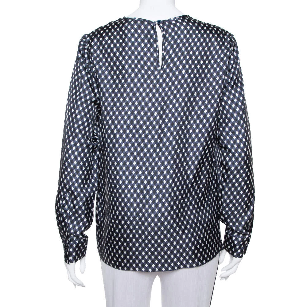 Stella McCartney Navy Blue Check Patterned Silk Oversized Top S For Women 5 Stella McCartney Navy Blue Check Patterned Silk Oversized Top S For Women - Image 3