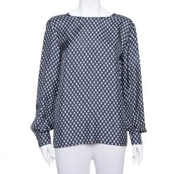 Stella McCartney Navy Blue Check Patterned Silk Oversized Top S For Women