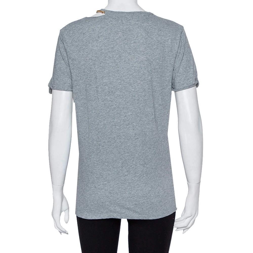 Stella McCartney Grey Cotton Chain Trim Cutout Shoulder Detail Crewneck T-Shirt M For Women 5 Stella McCartney Grey Cotton Chain Trim Cutout Shoulder Detail Crewneck T-Shirt M For Women - Image 3
