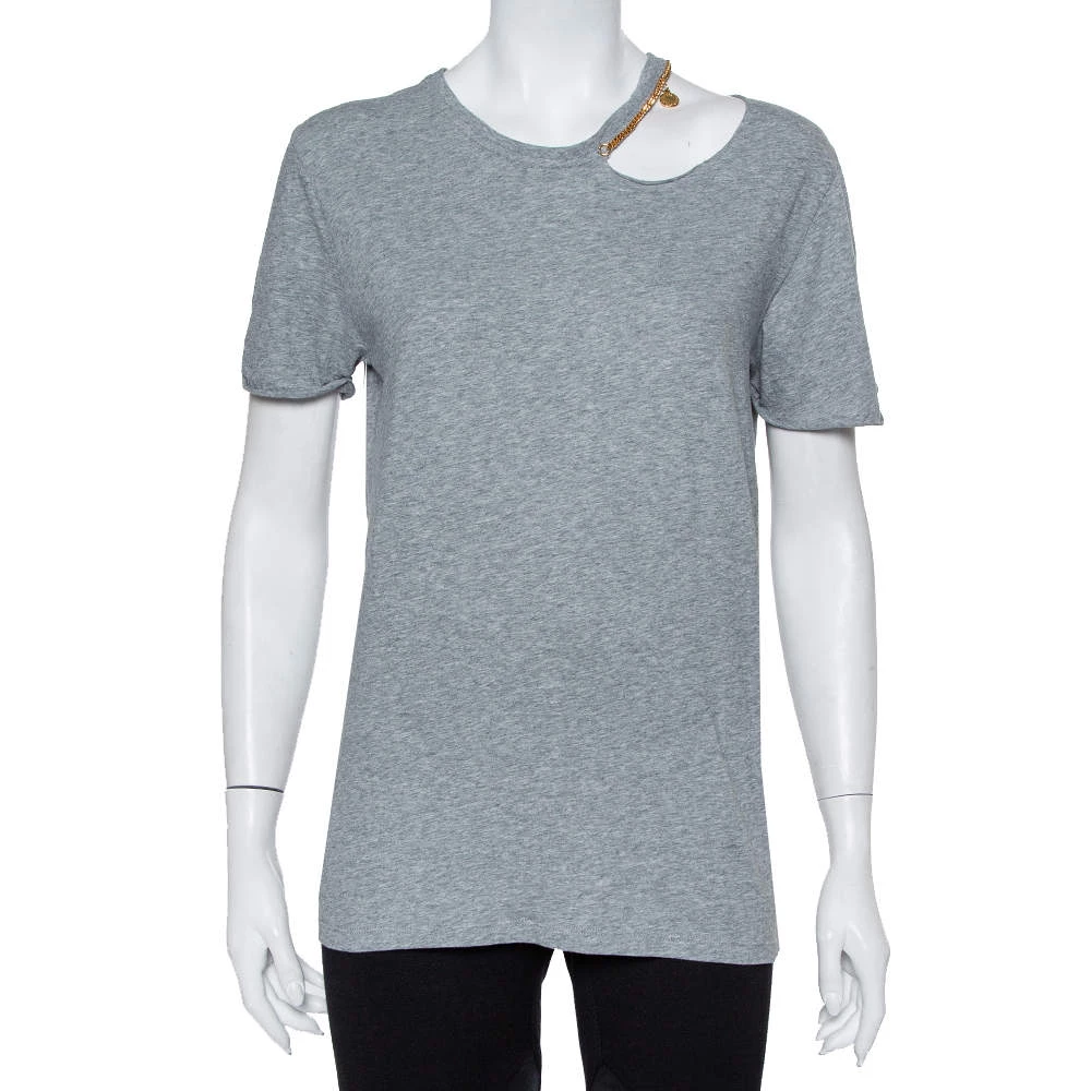 Stella McCartney Grey Cotton Chain Trim Cutout Shoulder Detail Crewneck T-Shirt M For Women 3 Stella McCartney Grey Cotton Chain Trim Cutout Shoulder Detail Crewneck T-Shirt M For Women