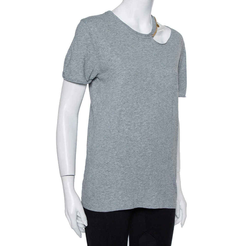 Stella McCartney Grey Cotton Chain Trim Cutout Shoulder Detail Crewneck T-Shirt M For Women 4 Stella McCartney Grey Cotton Chain Trim Cutout Shoulder Detail Crewneck T-Shirt M For Women - Image 2