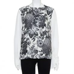 Stella McCartney Monochrome Floral Printed Silk Asymmetric Hem Detail Top M For Women