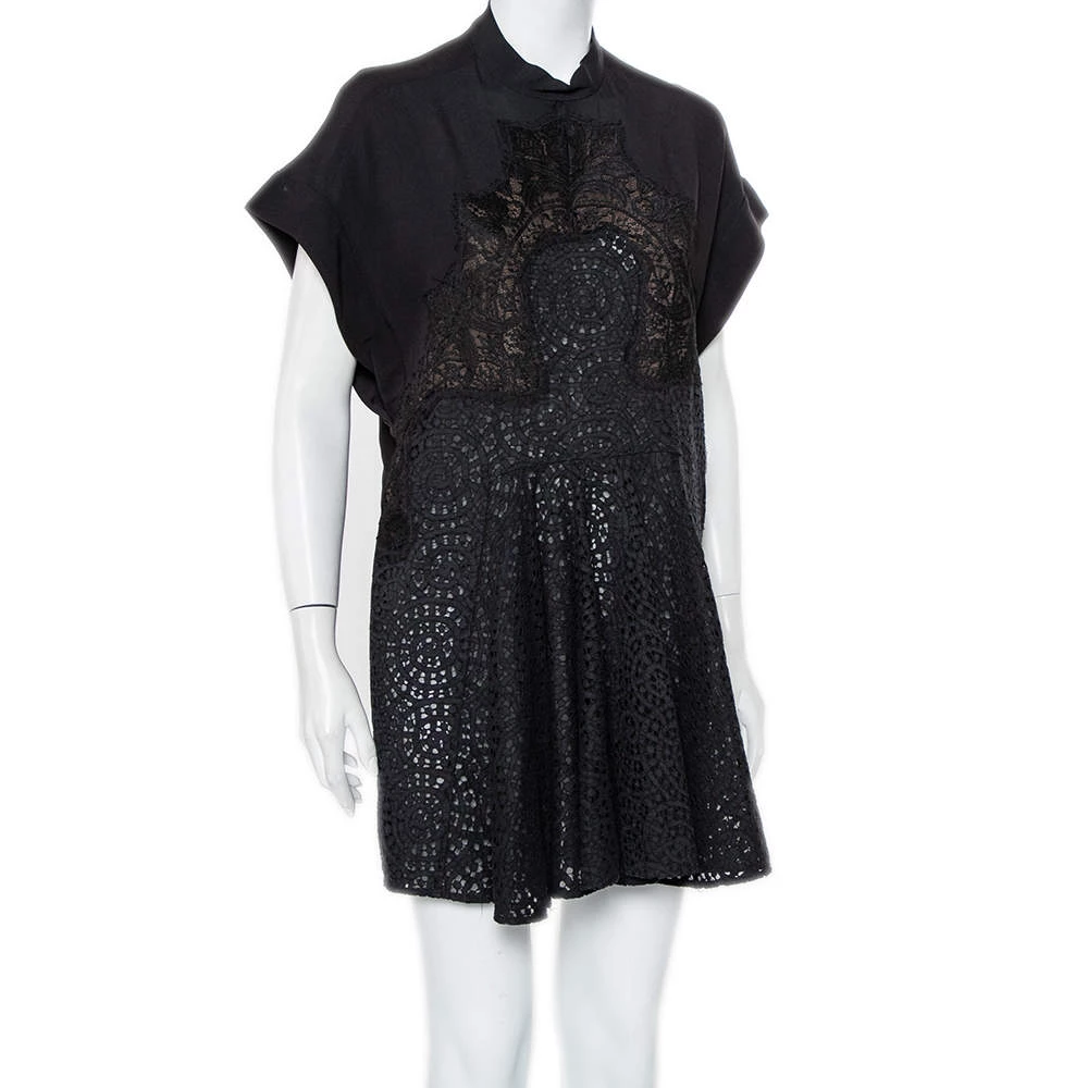 Stella McCartney Black Crepe & Lace Oversized Mini Dress M For Women 4 Stella McCartney Black Crepe & Lace Oversized Mini Dress M For Women - Image 2
