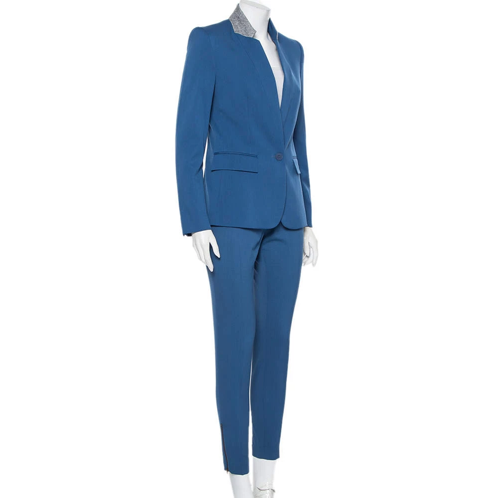 Stella McCartney Blue Wool Contrast Collar Trim Blazer & Tapered Leg Trousers S For Women 4 Stella McCartney Blue Wool Contrast Collar Trim Blazer & Tapered Leg Trousers S For Women - Image 2
