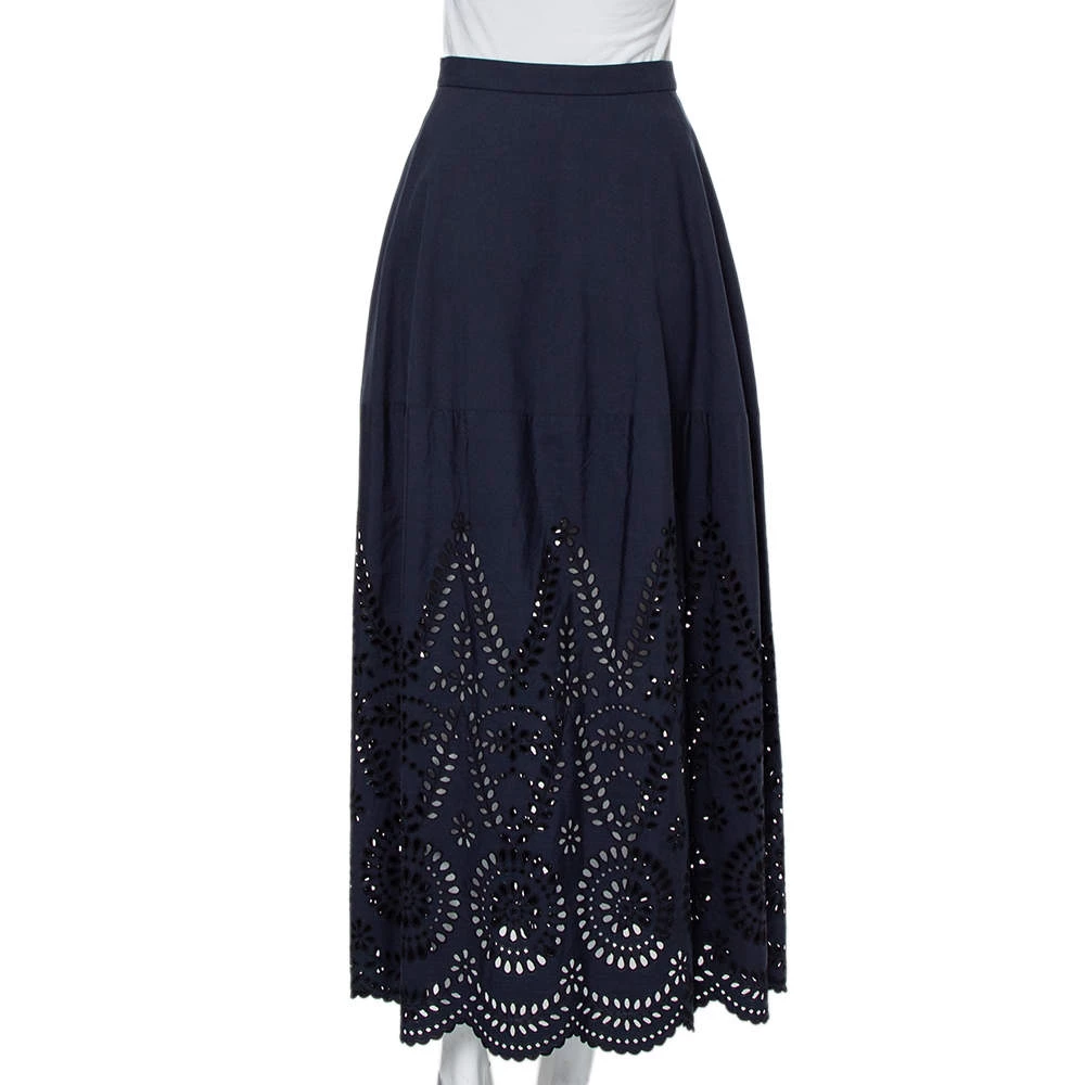 Stella McCartney Navy Blue Embroidered Cotton Penelope Midi Skirt S For Women 3 Stella McCartney Navy Blue Embroidered Cotton Penelope Midi Skirt S For Women
