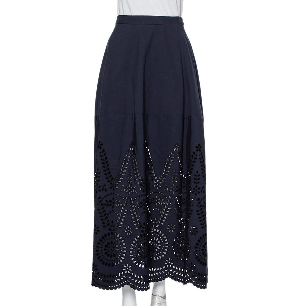 Stella McCartney Navy Blue Embroidered Cotton Penelope Midi Skirt S For Women 5 Stella McCartney Navy Blue Embroidered Cotton Penelope Midi Skirt S For Women - Image 3