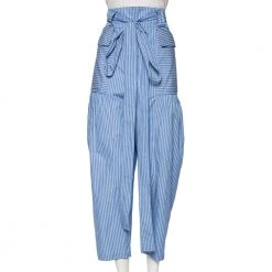 Stella McCartney Blue Striped Cotton Belted Poplin Pants L For Women
