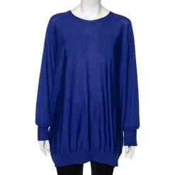 Stella McCartney Blue Wool Ribbed Sleeve Detailed Round Neck Sweater M For Women