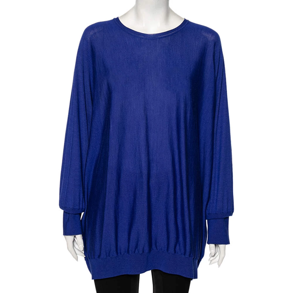 Stella McCartney Blue Wool Ribbed Sleeve Detailed Round Neck Sweater M For Women 3 Stella McCartney Blue Wool Ribbed Sleeve Detailed Round Neck Sweater M For Women