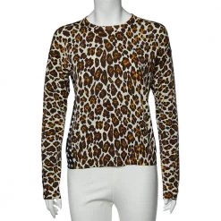 Stella McCartney White Leopard And Check Print Wool Long Sleeve Sweater M For Women