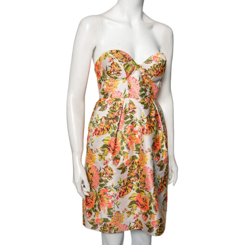 Stella McCartney Metallic Neon Floral Jacquard Ridley Strapless Mini Dress S For Women 4 Stella McCartney Metallic Neon Floral Jacquard Ridley Strapless Mini Dress S For Women - Image 2