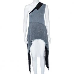 Stella McCartney Blue-Black Knit One Shoulder Asymmetric Fringed Top M For Women