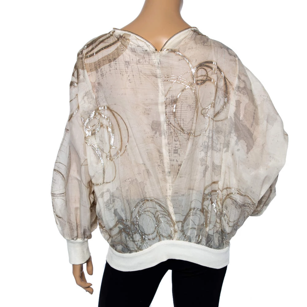 Stella McCartney Cream & Gold Foil Printed Cotton Draped Lightweight Bomber Jacket S For Women 5 Stella McCartney Cream & Gold Foil Printed Cotton Draped Lightweight Bomber Jacket S For Women - Image 3