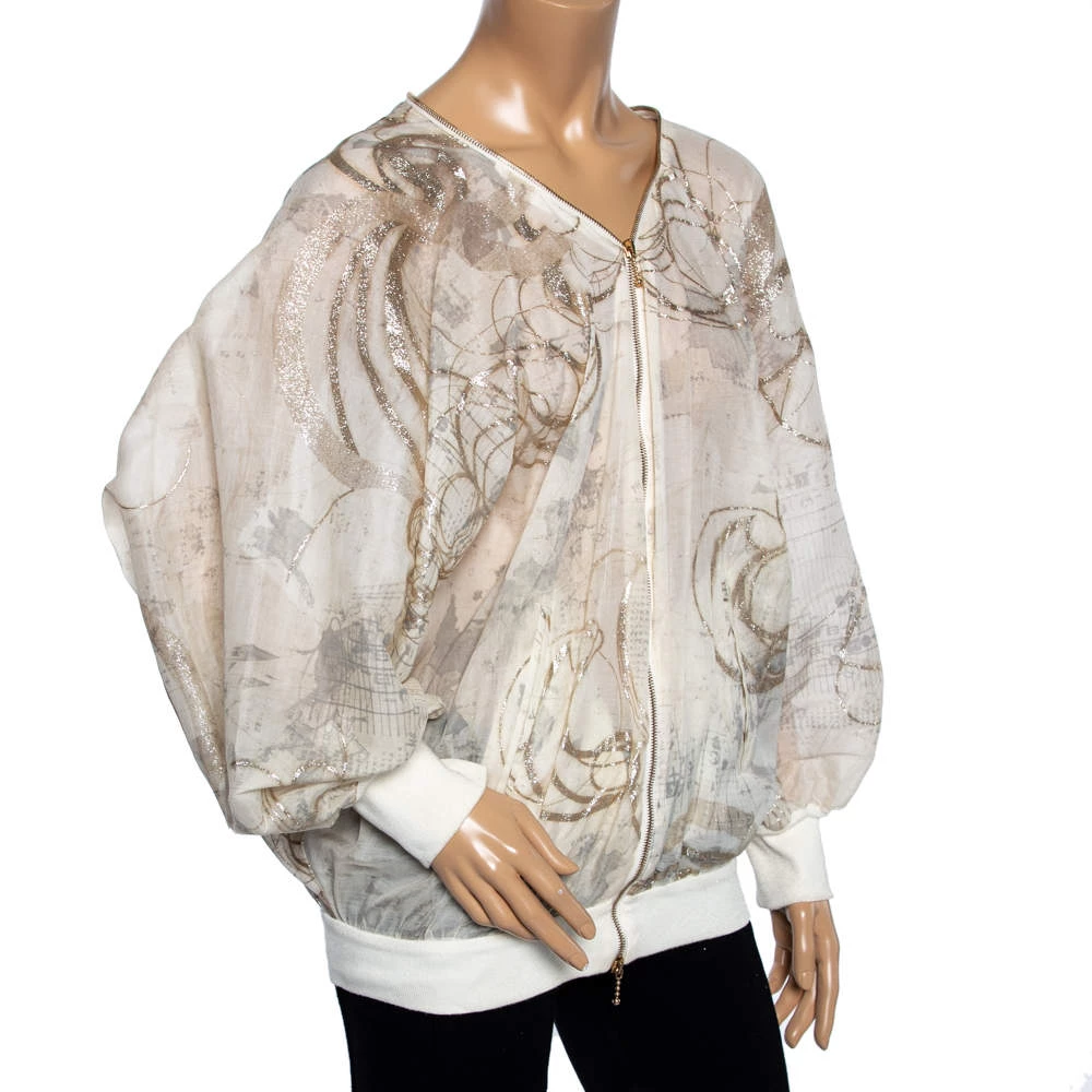 Stella McCartney Cream & Gold Foil Printed Cotton Draped Lightweight Bomber Jacket S For Women 4 Stella McCartney Cream & Gold Foil Printed Cotton Draped Lightweight Bomber Jacket S For Women - Image 2