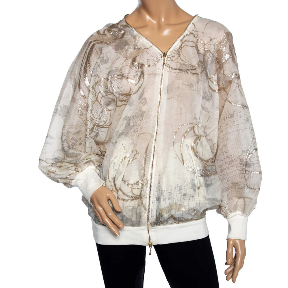 Stella McCartney Cream & Gold Foil Printed Cotton Draped Lightweight Bomber Jacket S For Women 3 Stella McCartney Cream & Gold Foil Printed Cotton Draped Lightweight Bomber Jacket S For Women